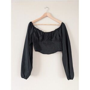 Camellia Black Milkmaid Crop Top Puff Sleeve Feminine Regency Victorian Womens L